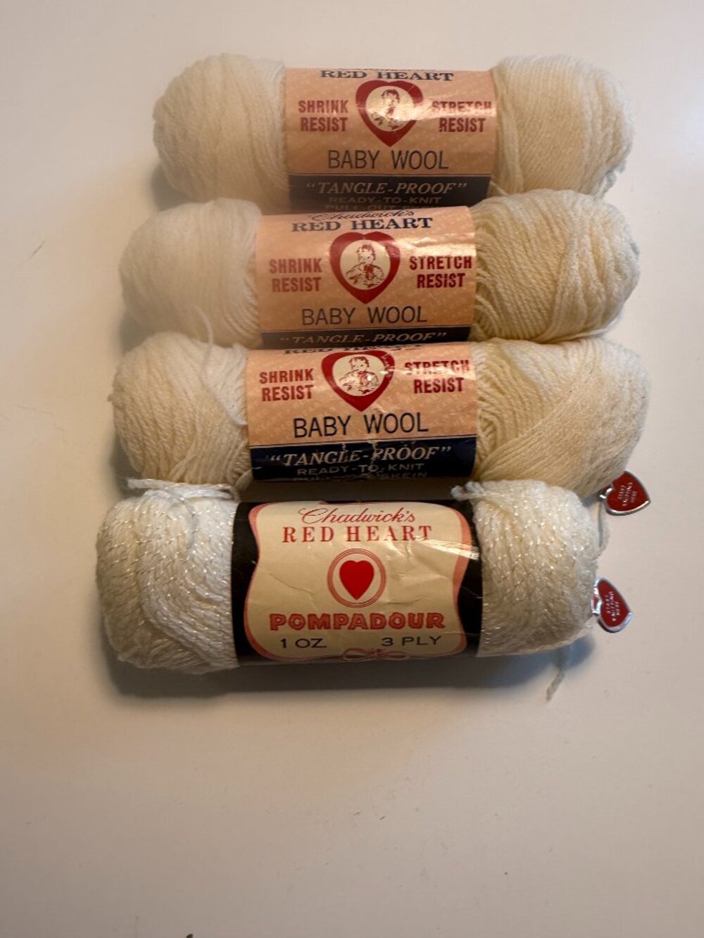Vintage Red Heart 100% Pure Virgin Wool 3 Skein Baby White and 1 Skein Pompadour